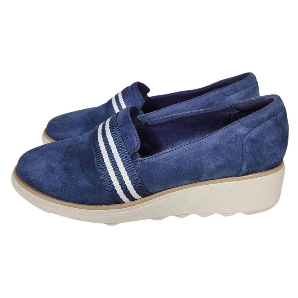 Clarks Collection Blue Suede Slip-On Platform Shoes Womens Size 7 Preppy Loafers